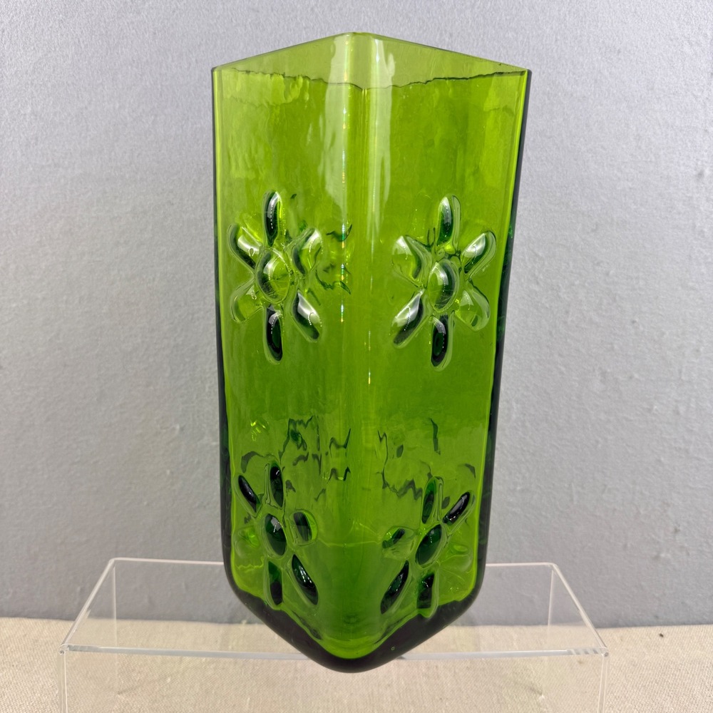 Blenko 6115M Olive‎ Green Asterisk Daisy Block Vase Wayne Husted 10.5" MCM